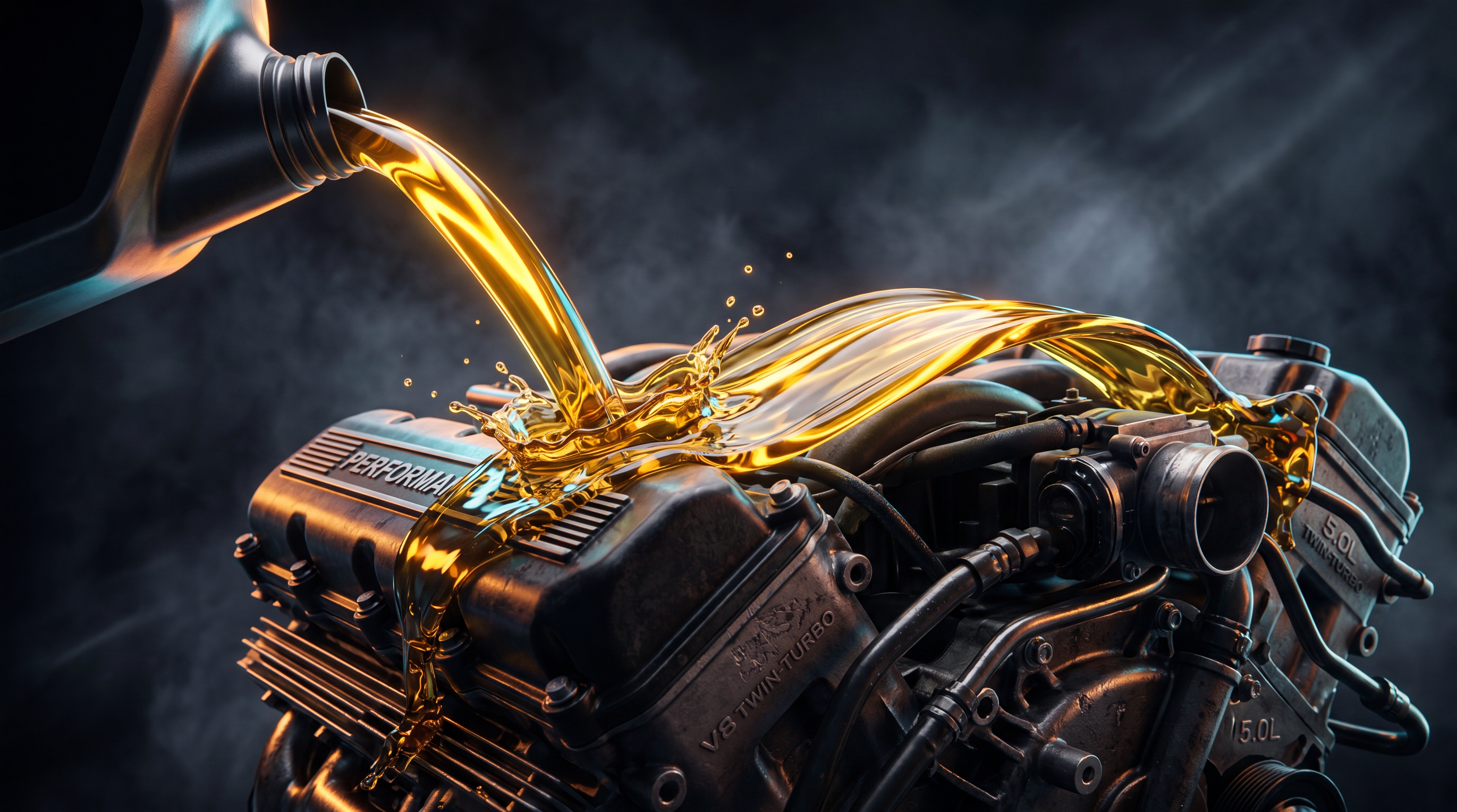 Golden synthetic oil poured over a performance engine